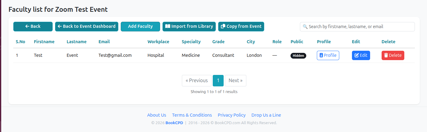Event Dashboard – Faculty section